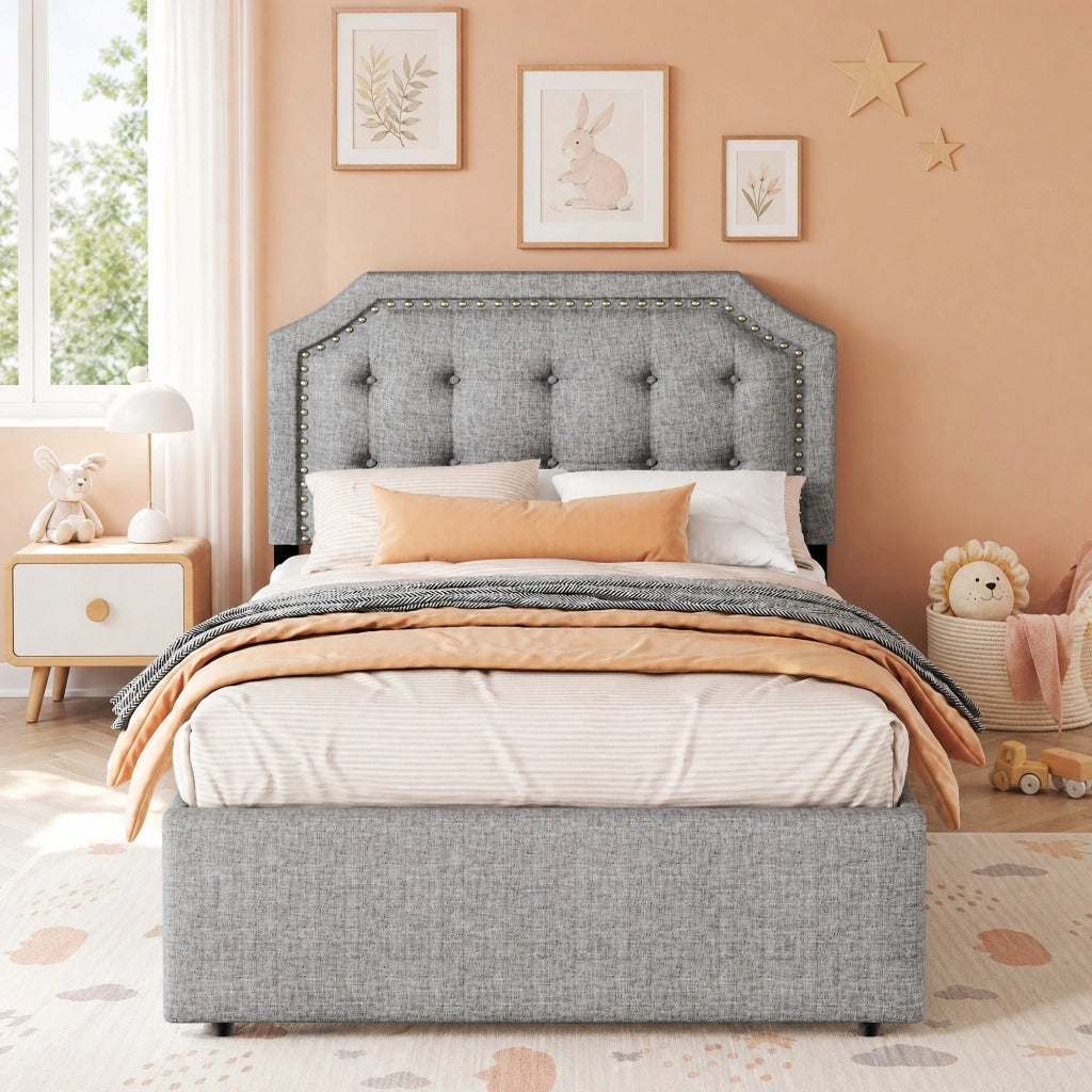 Letto singolo imbottito 90 x 200 cm in lino e MDF; grigio; con 2 cassetti