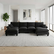 Divano panoramico a U 6 posti in ciniglia nero con ottomana rimovibile struttura in legno 323 × 155 × 90 cm