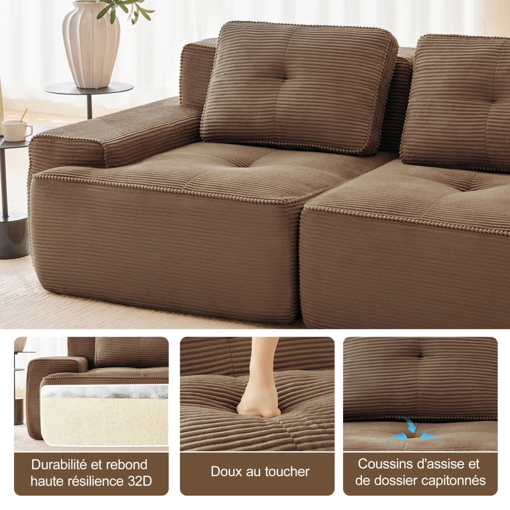 Divano angolare modulare in morbido tessuto a coste con funzione letto e 3 pouf, 3 posti, colore marrone