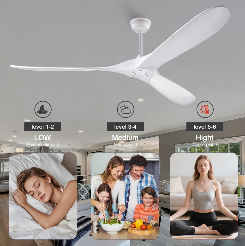 Ventilatore da soffitto da 70 pollici con 3 pale in legno massello di Paulownia, bianco, senza illuminazione, con telecomando e 6 velocità reversibili