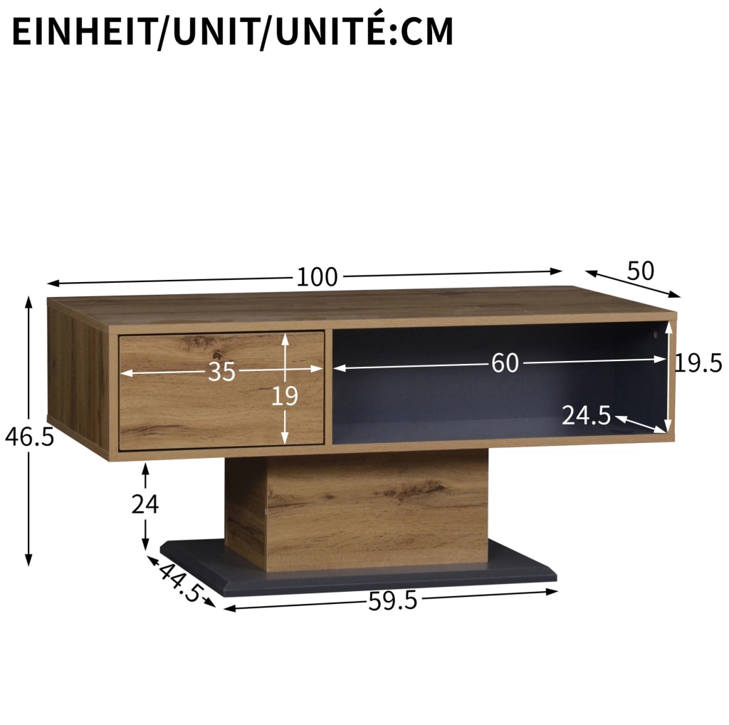 Tavolino da salotto moderno 100 x 50 x 46;5 cm con doppio vano portaoggetti; rovere e grigio