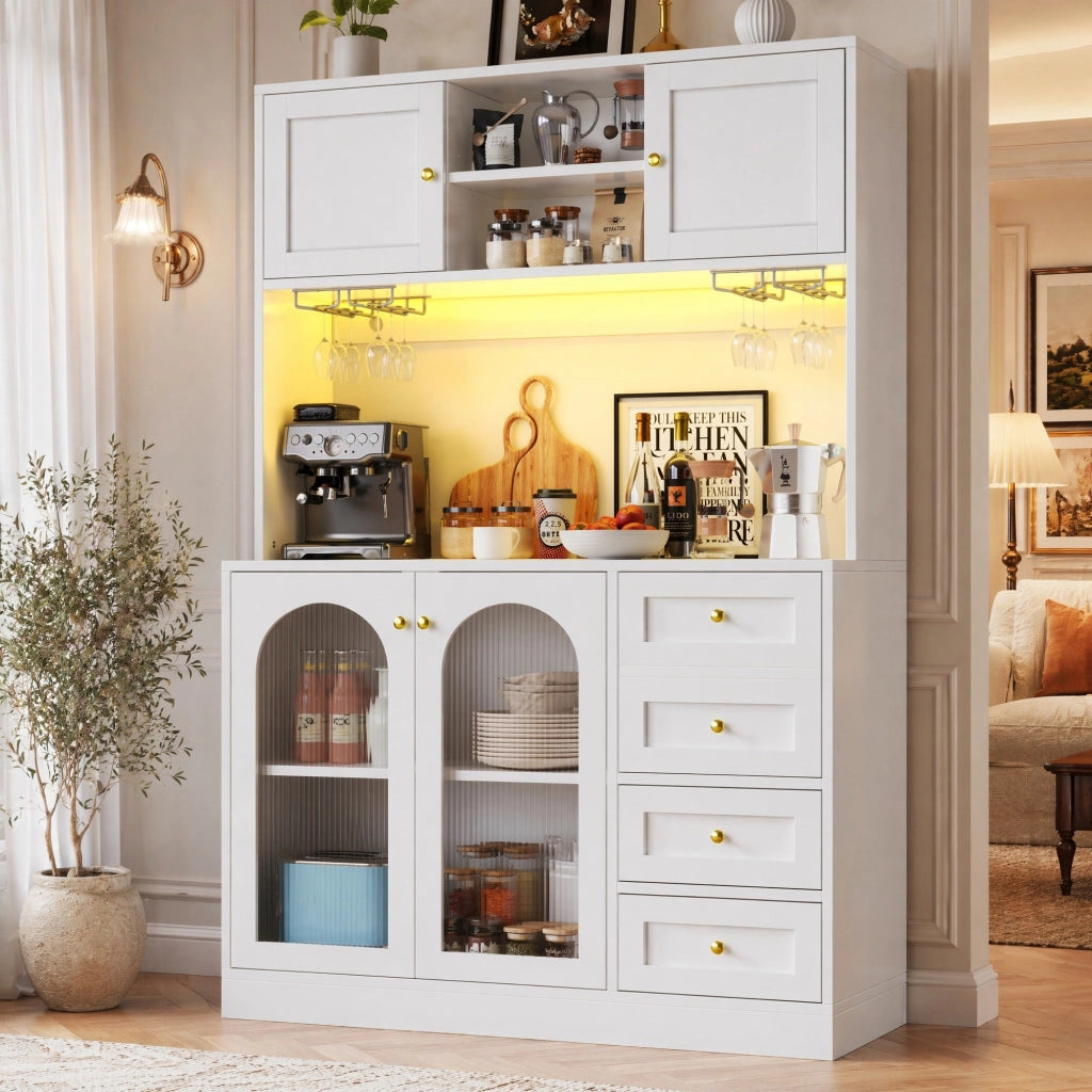 Credenza da cucina bianca con LED e vetro, 120x40x188 cm