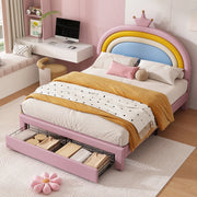 Letto per bambini 140 × 200 cm con 2 cassetti e testiera regolabile, senza materasso, con rivestimento in PU rosa