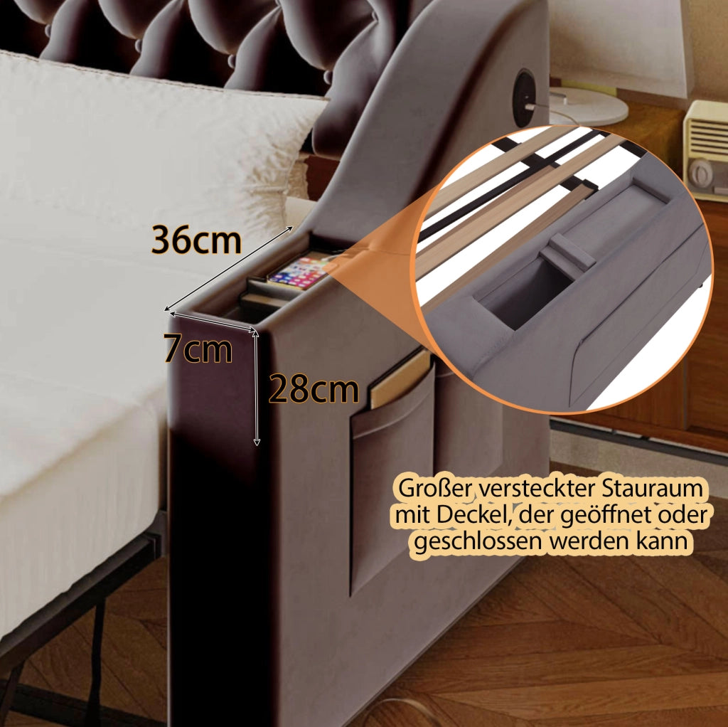 Divano letto imbottito grigio 90 x 190 cm con ricarica e vani