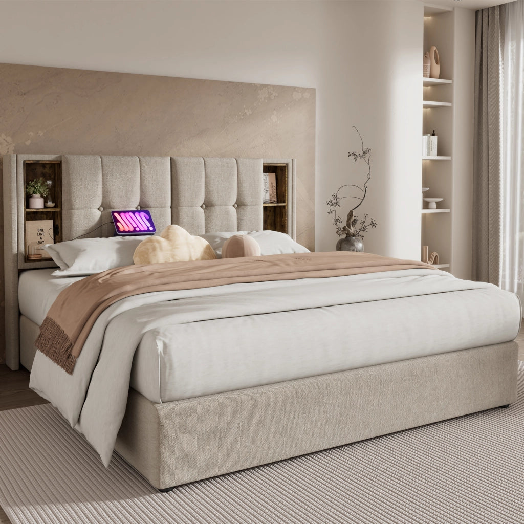 Letto matrimoniale imbottito 140x200 cm con ricarica wireless USB C, contenitore, rete a doghe in legno - Naturale, lino