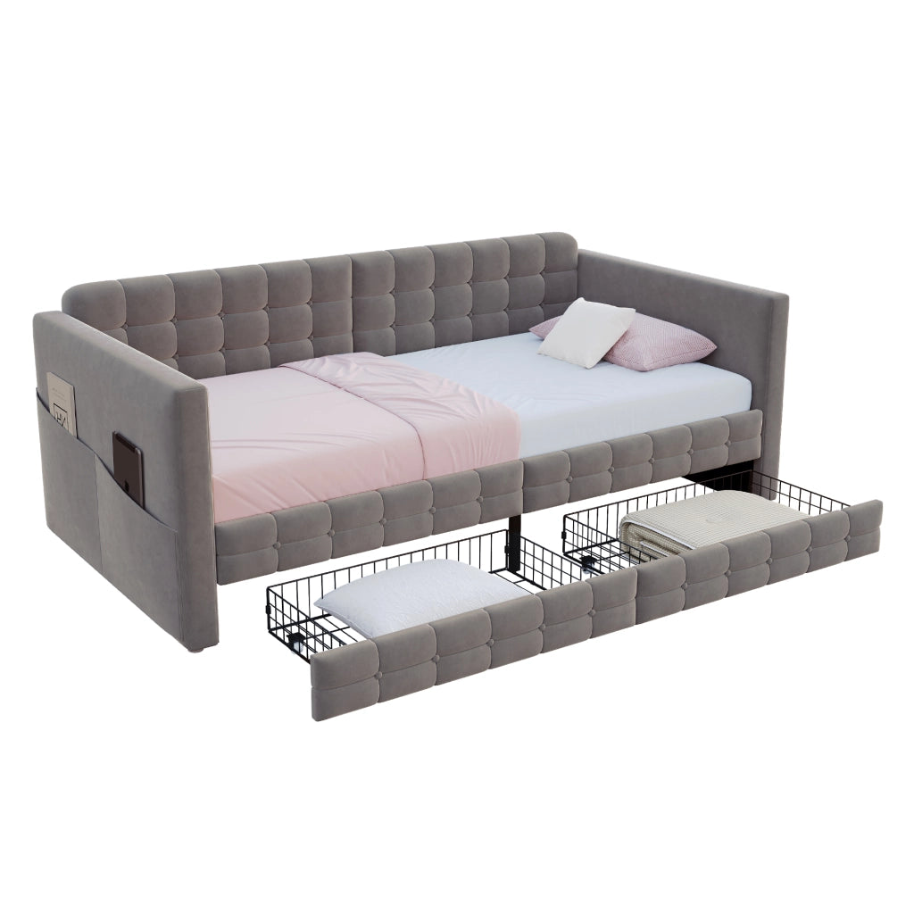 Letto divano singolo 90×190 cm con 2 cassetti e 4 tasche laterali; senza materasso; in velluto grigio
