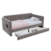 Letto divano singolo 90×190 cm con 2 cassetti e 4 tasche laterali; senza materasso; in velluto grigio
