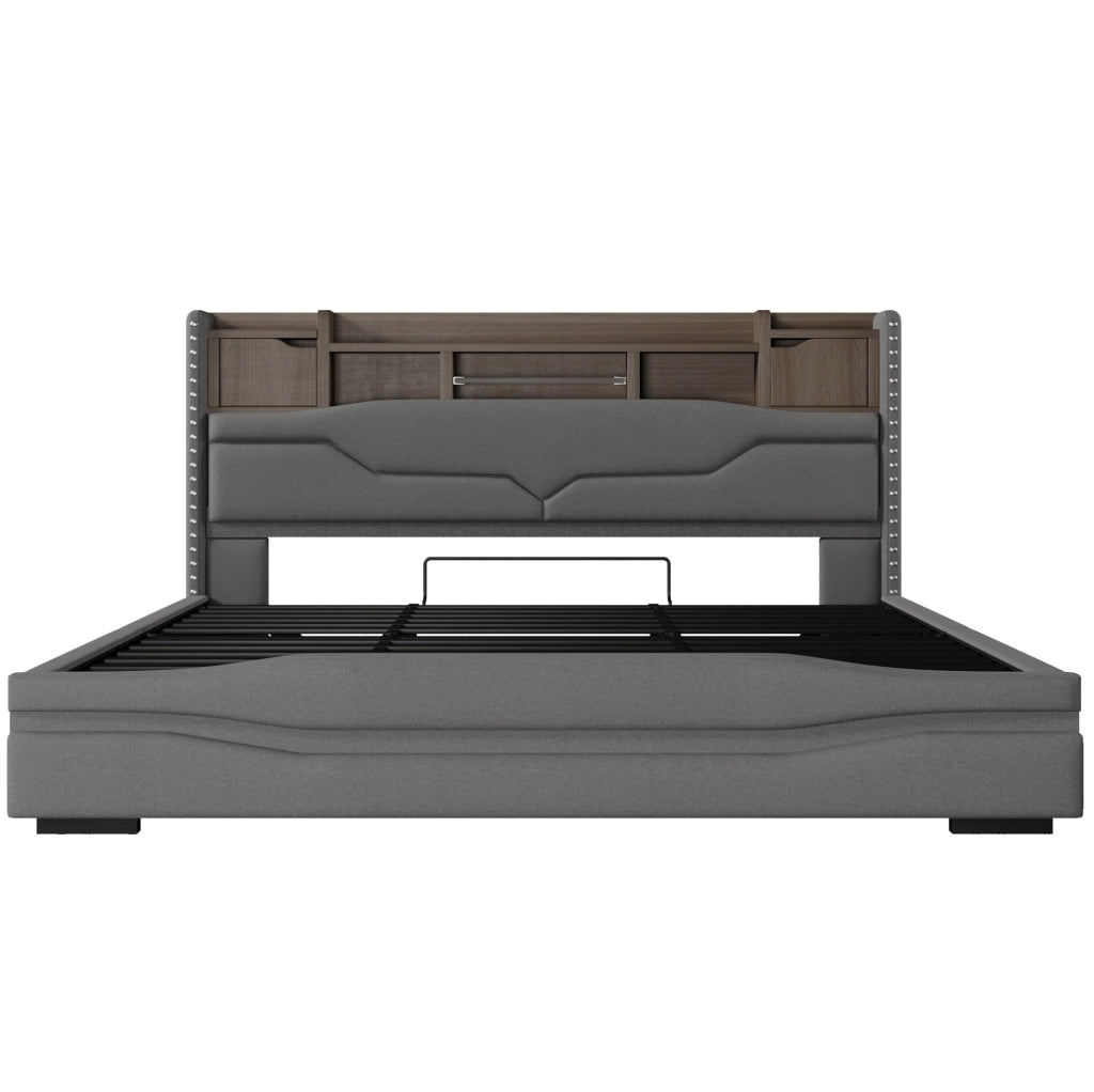 Letto imbottito 180x200 cm con contenitore idraulico, LED e prese USB, grigio