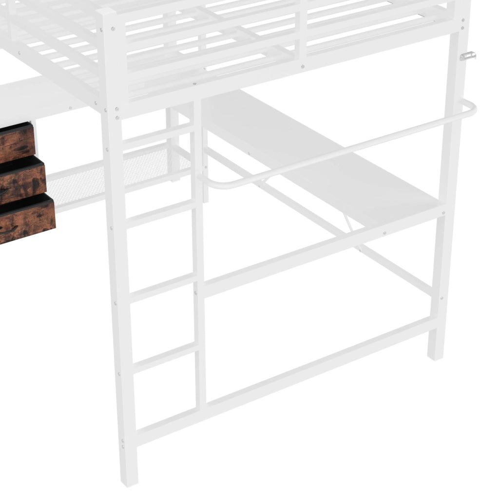 Letto a soppalco 140x200 cm con scrivania, LED, 3 cassetti, prese USB e elettriche, struttura in metallo e MDF, bianco