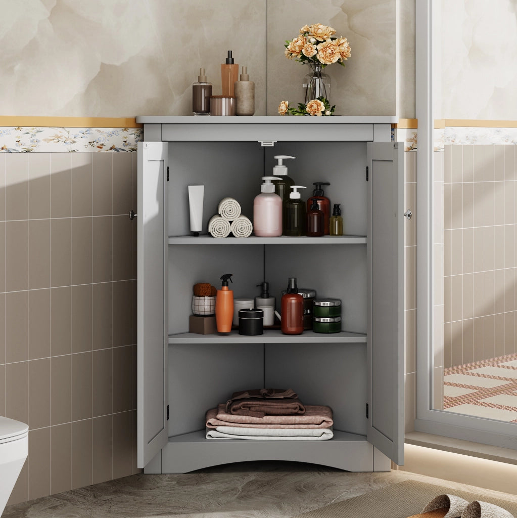 Armadio angolare grigio per bagno in MDF con 2 ante e 3 ripiani, 61,5 x 80 cm