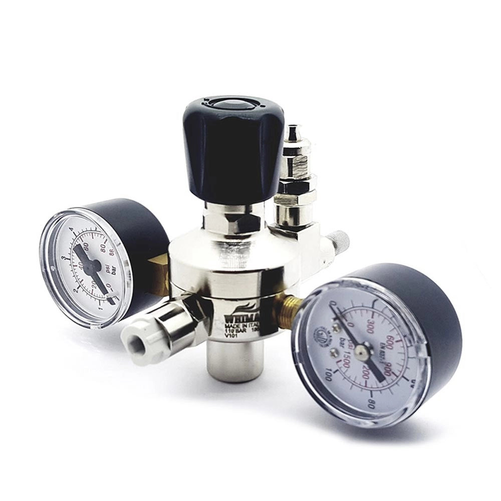Whimar Primus mod. V101 con manometri di alta e bassa pressione - riduttore di pressione per bombole CO2 usa e getta passo 10x1