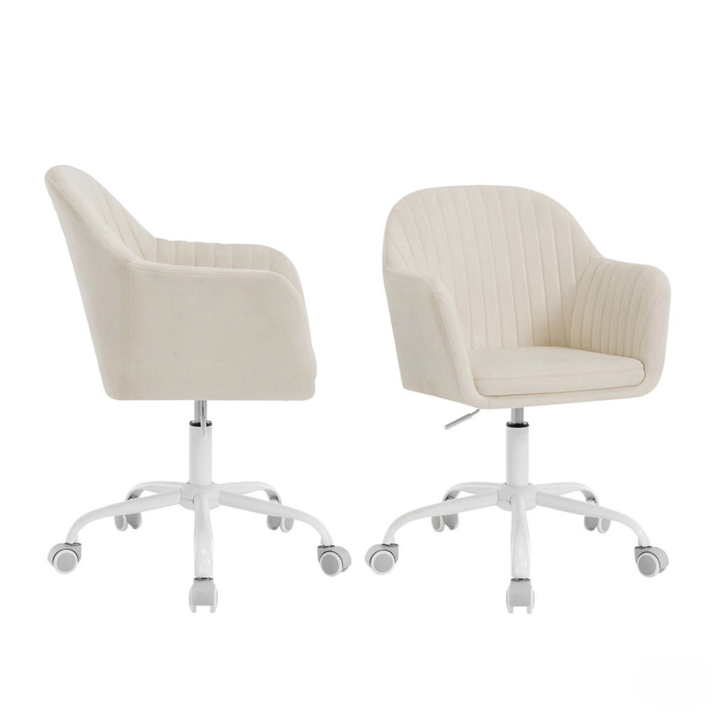 Sedia da ufficio ergonomica in velluto crema con ruote e altezza regolabile