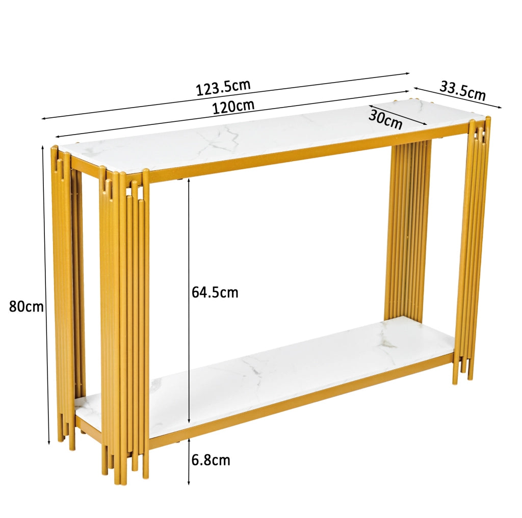 Tavolo consolle 123,5x33,5x80 cm bianco e oro, 2 ripiani, effetto marmo, MDF e metallo