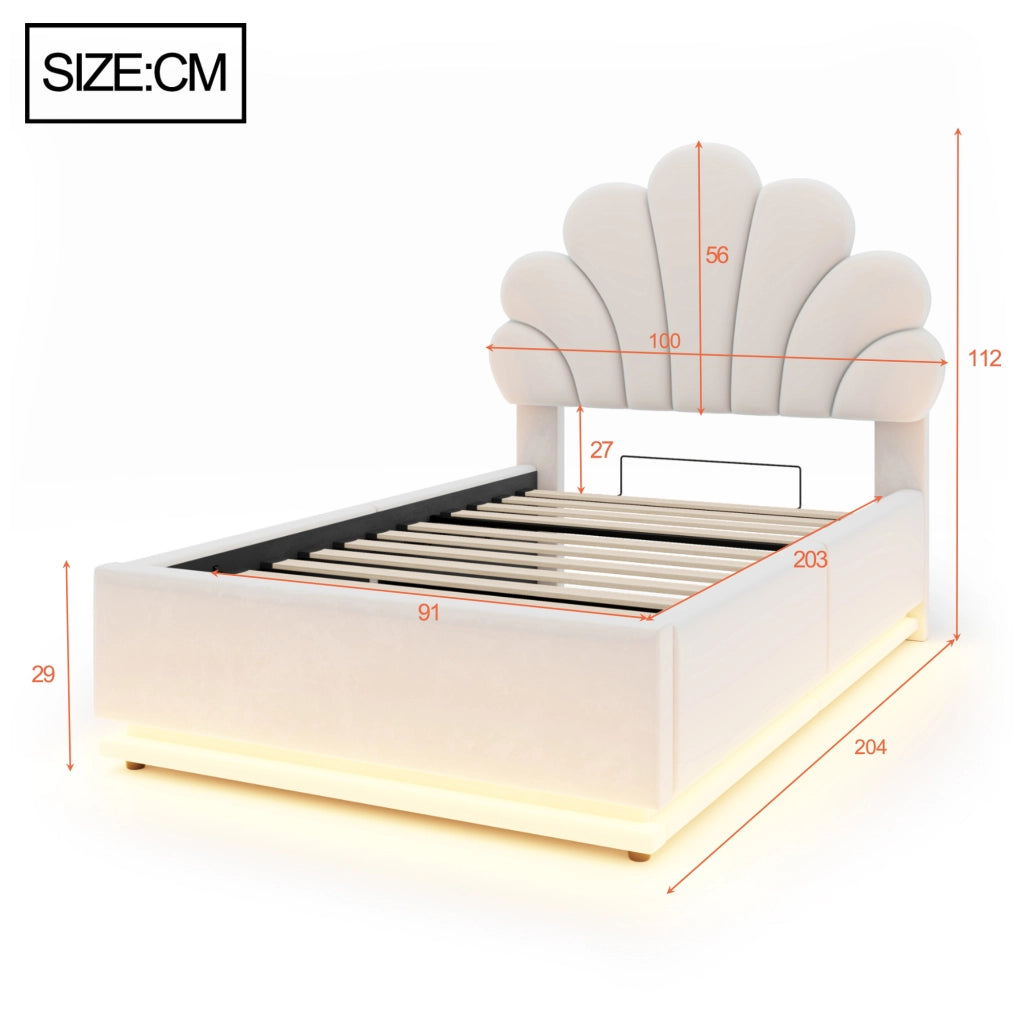 Letto contenitore 90 x 200 cm, testiera a fiore, contenitore idraulico, LED, velluto beige