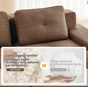 Sofa modulare senza braccioli a L in tessuto di velluto a coste marrone, 4 posti, imbottitura profonda per soggiorno