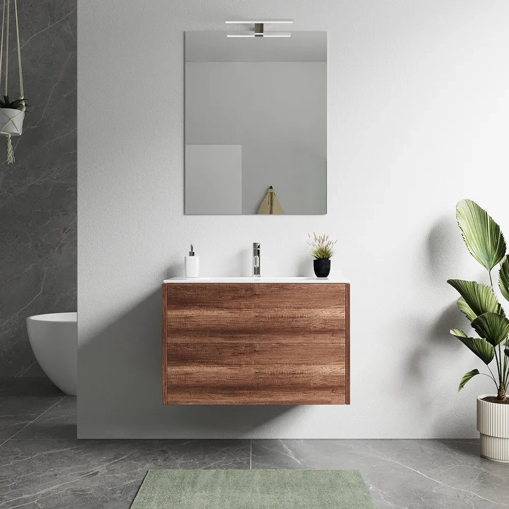 Mobile bagno sospeso 80cm due cassetti apertura push&pull rovere barok con lavabo | Galdor