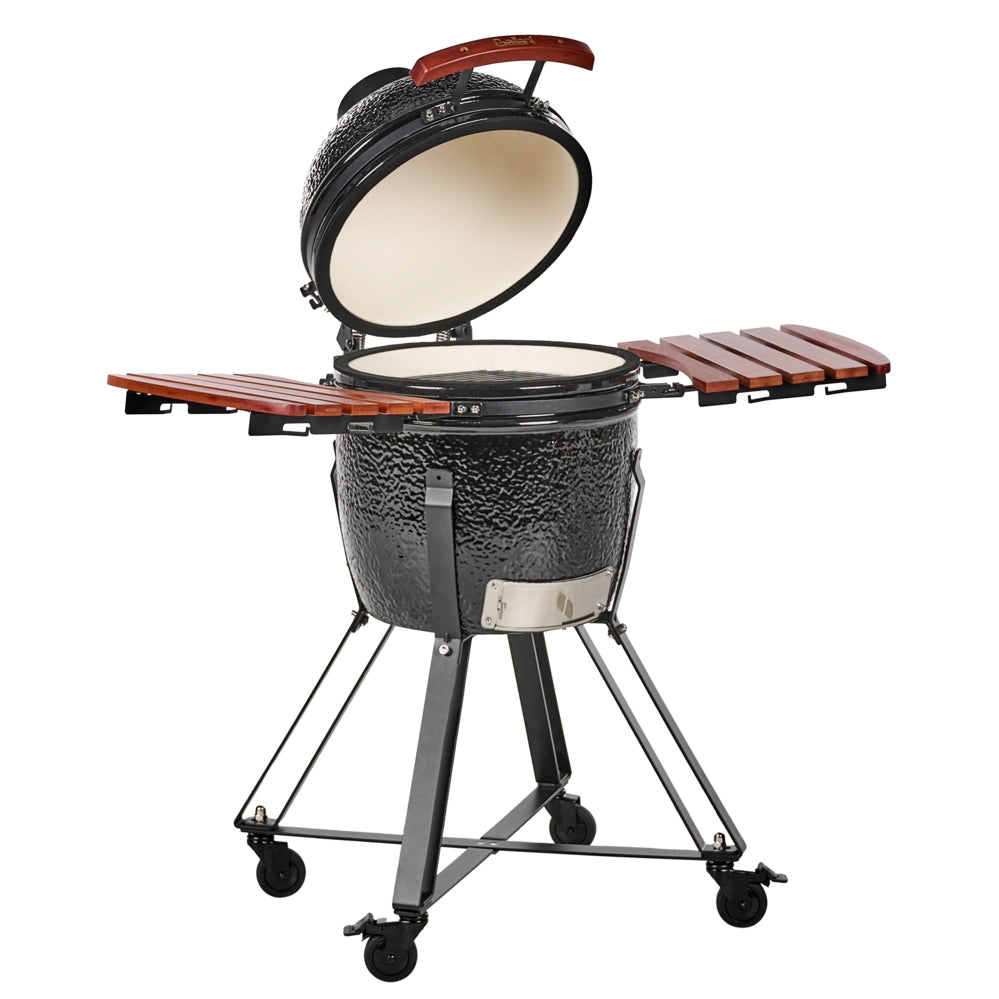 Barbecue da esterno in ceramica a carbone con coperchio termometro e griglia di cottura colore nero