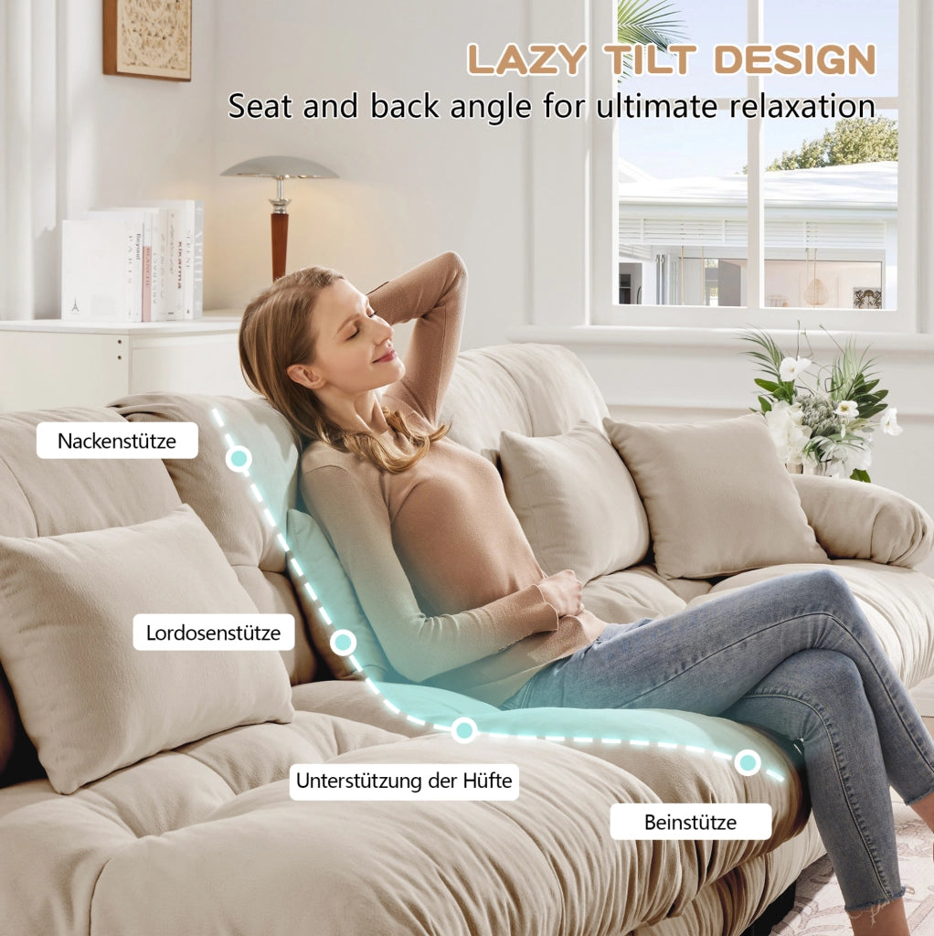 Divano angolare Cloud in chenille beige chiaro con struttura in legno massello e cuscini lombari e decorativi