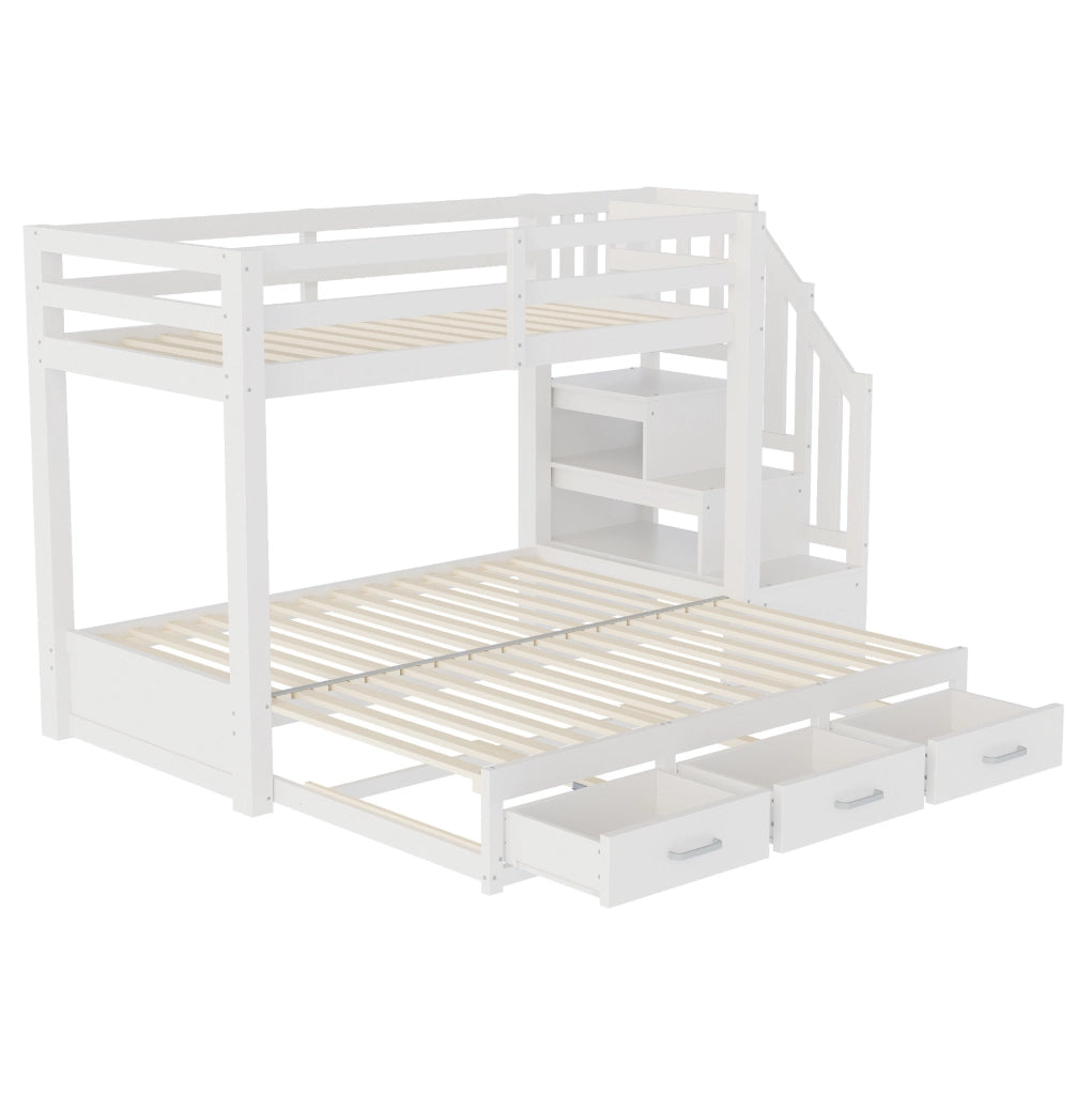 Letto a castello in legno massiccio 90x200 cm con letto estraibile 90/180x190 cm, scala con cassetti, bianco