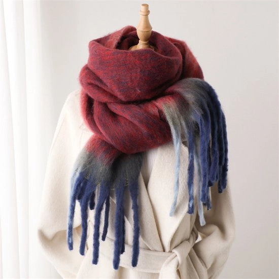 Scollo spesso, sciarpa moderna con strisce, sciarpa a pompon liscio per uomini e donne in inverno, sciarpa lunga e calda per studenti - rosso bordeaux