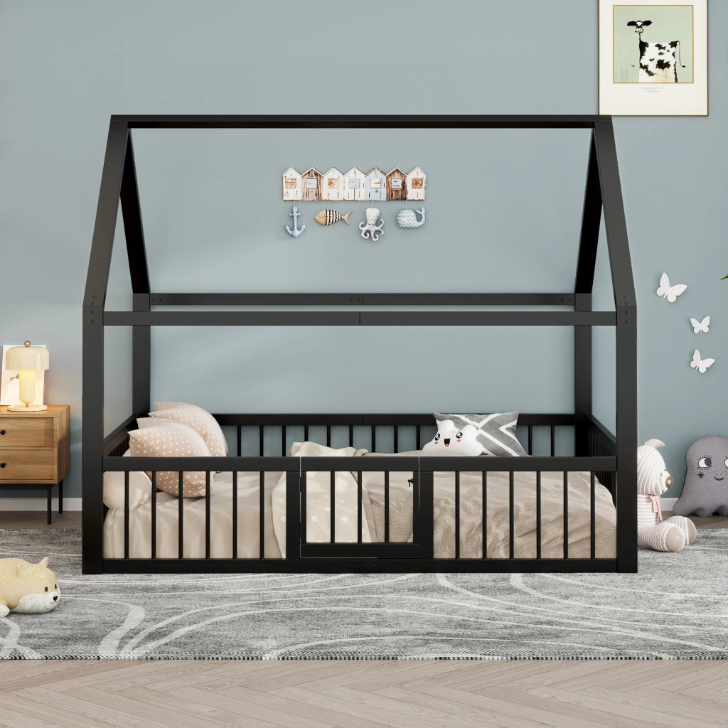 Letto a casetta 140 × 200 cm con barriera e cancelletto in metallo nero senza materasso