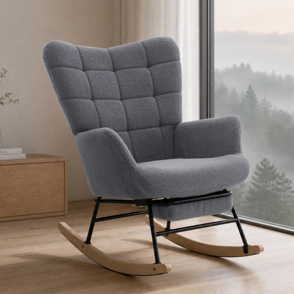 Sedia a dondolo con poggiapiedi 91x61x88 cm in metallo e legno; grigio
