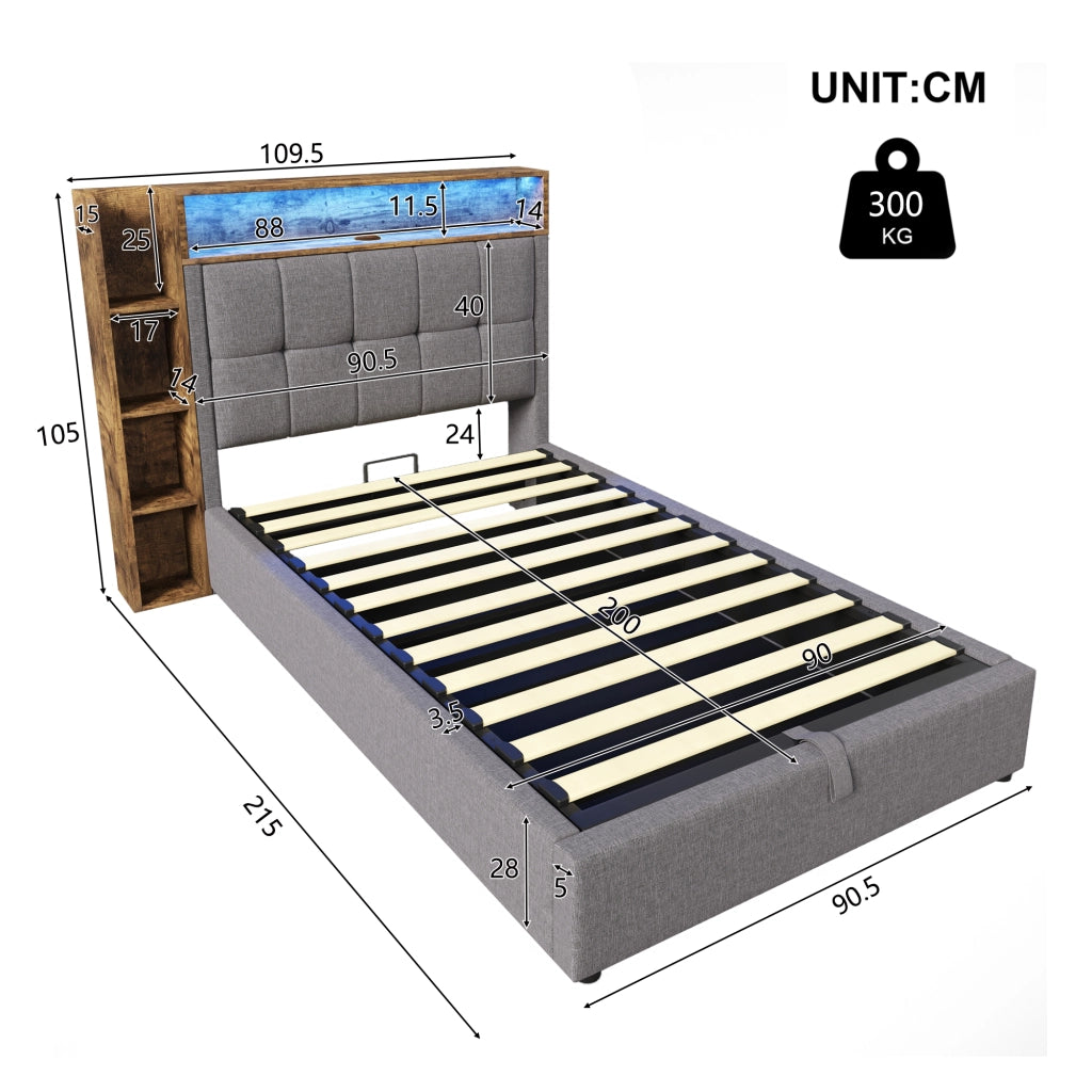 Letto singolo imbottito 90 × 200 cm con contenitore; USB e porta Type-C; LED regolabile; senza materasso; grigio