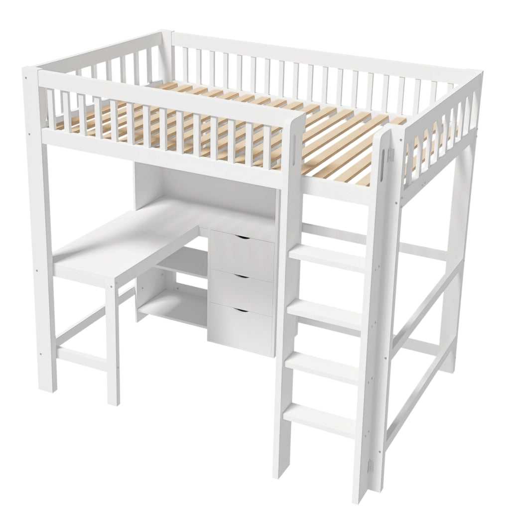Letto a soppalco 90x200 cm con scrivania e 3 cassetti in pino bianco