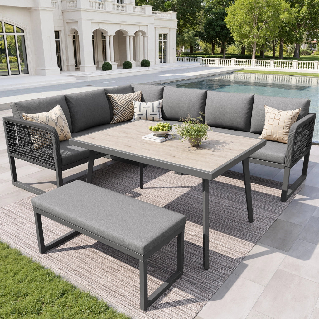 Set divano da giardino; cuscini extra spessi e modularità; PE rattan; grigio