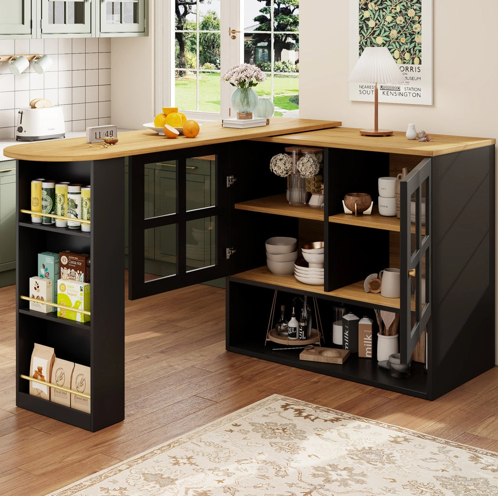 Credenza girevole 360° con ante in vetro temperato, ripiani regolabili e struttura in MDF 138-204 cm