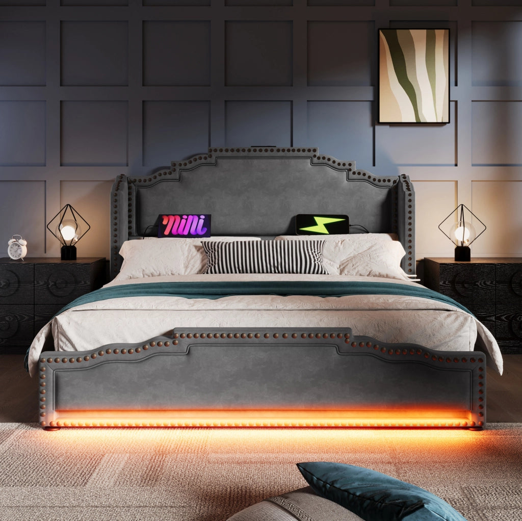 Letto 160x200 cm con 4 cassetti; LED e USB Type-C in velluto grigio