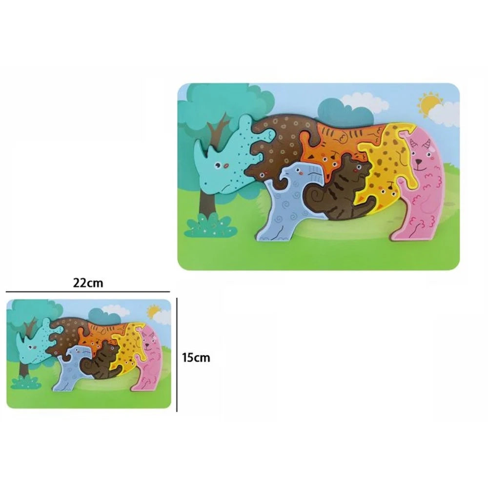 Trade Shop - Puzzle Legno Forma Rinoceronte Raffigurante Vari Animali A Incastro Gioco Educativo 74371 -