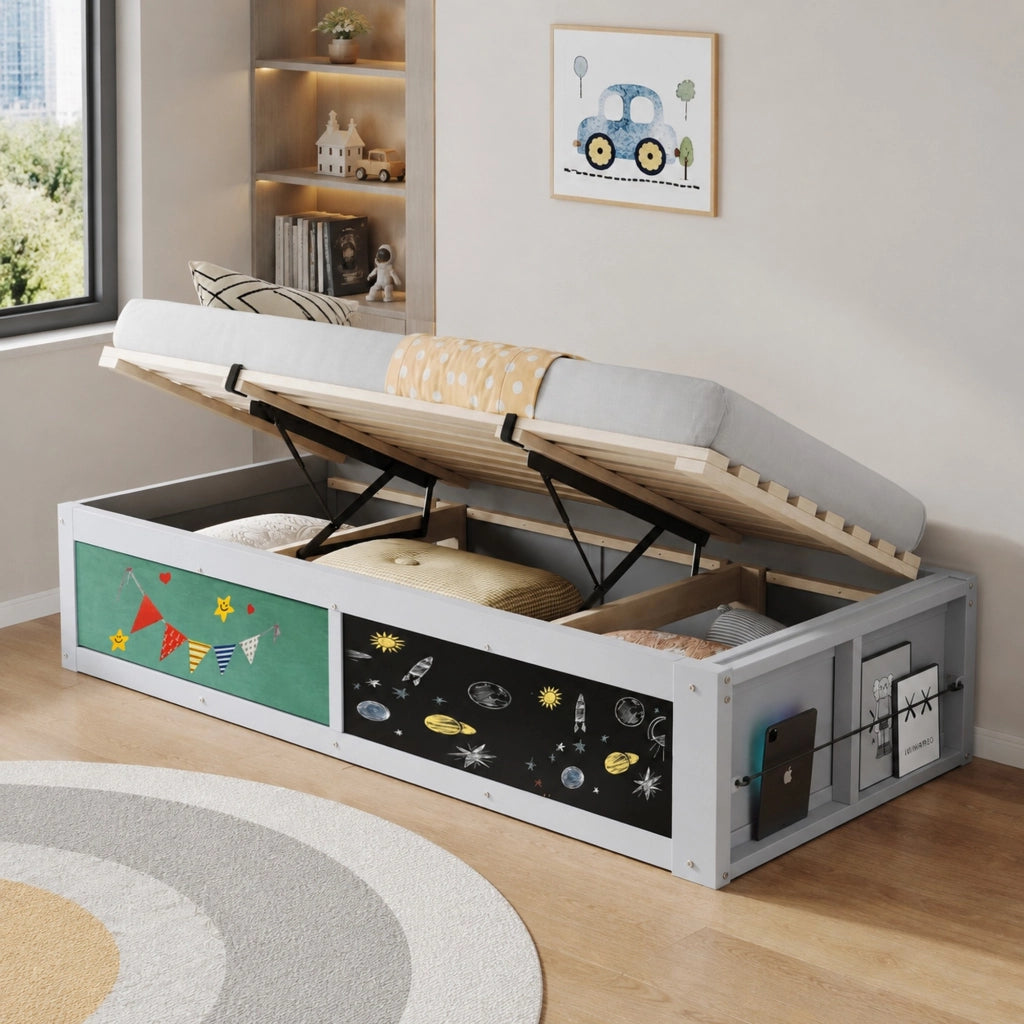 Letto contenitore 90 × 200 cm con spazio libri lavagna e pannello in feltro legno grigio