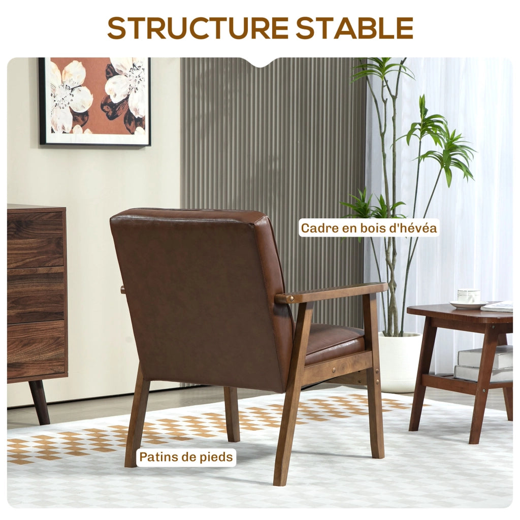 Poltrona da soggiorno ¨C Xylo ¨C similpelle marrone, schienale capitonn¨¦, gambe legno massello 64x73x81cm