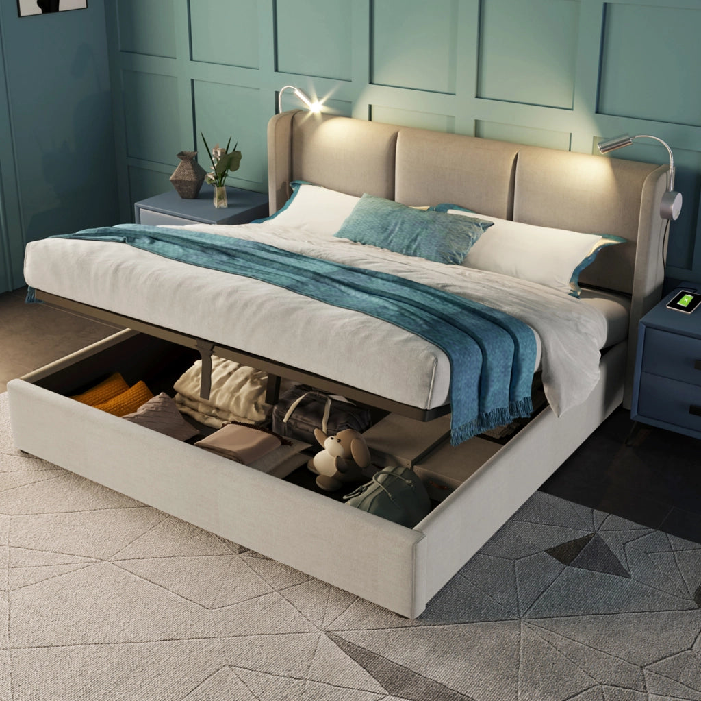 Letto matrimoniale 180x200 cm con contenitore; luce da lettura e USB; beige