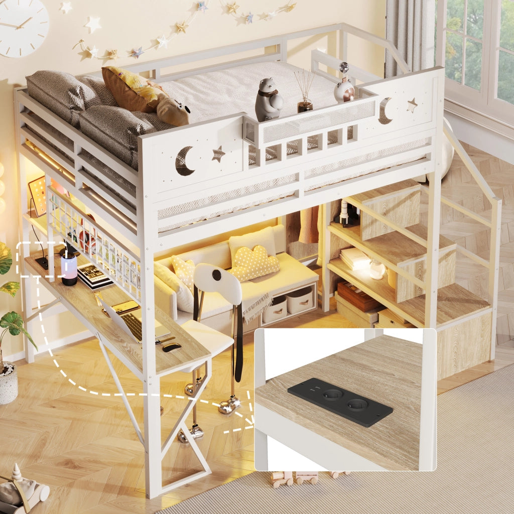 Letto a soppalco 140 x 200 cm in metallo e MDF; con scrivania; LED e contenitori; bianco