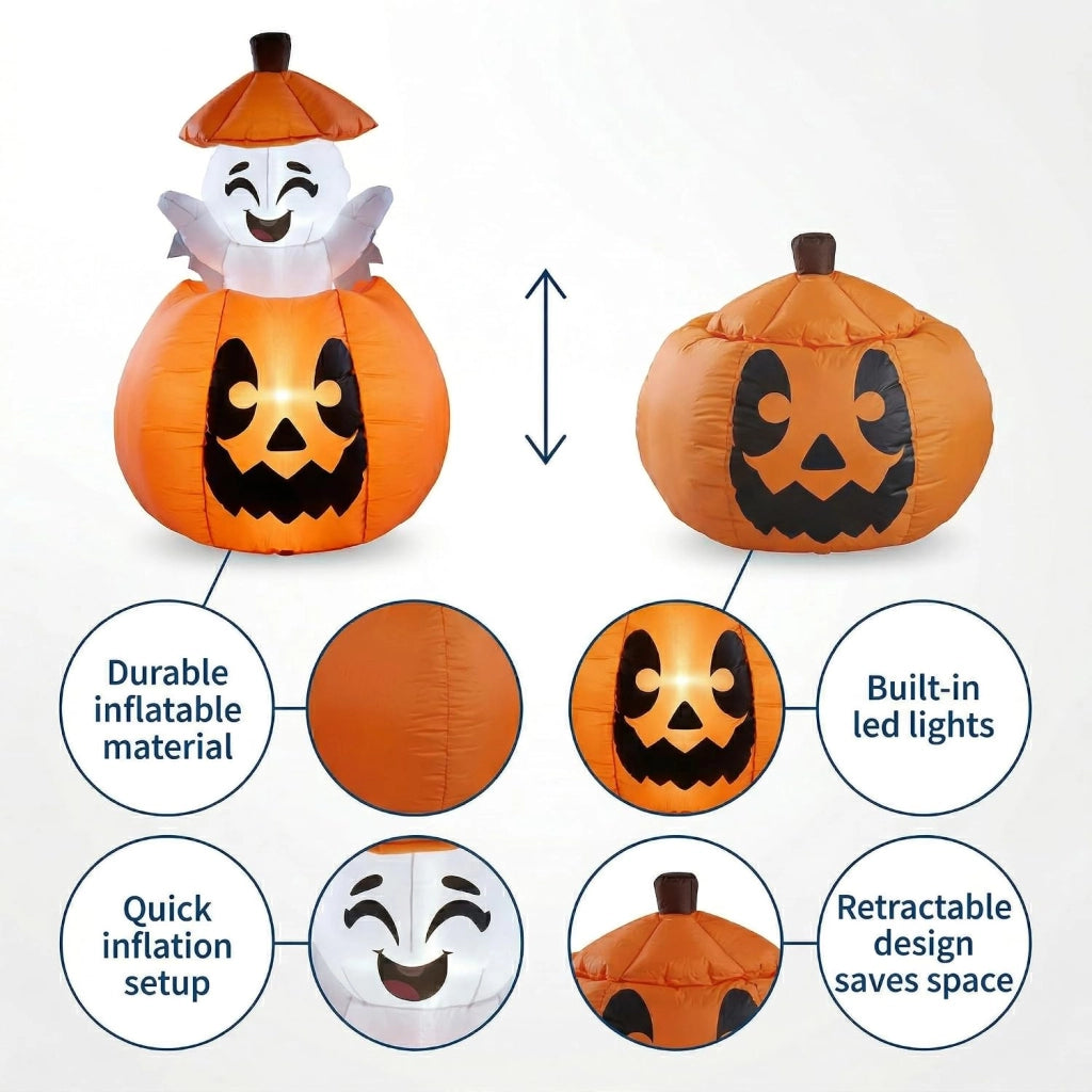 Fantasma e Zucca Gonfiabili di Halloween 150cm con Luci LED e Timer Decorazione da Giardino