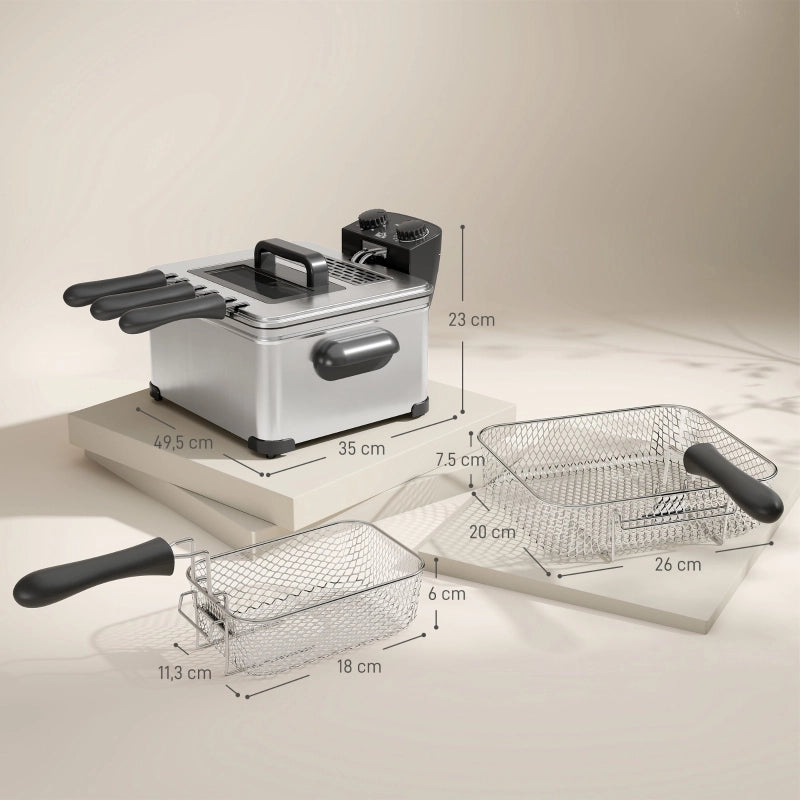 Friggitrice ad olio 5L, 2000W, acciaio inox argento. Temperatura e timer regolabili, serbatoio removibile, finestra di controllo, protezione surriscaldamento