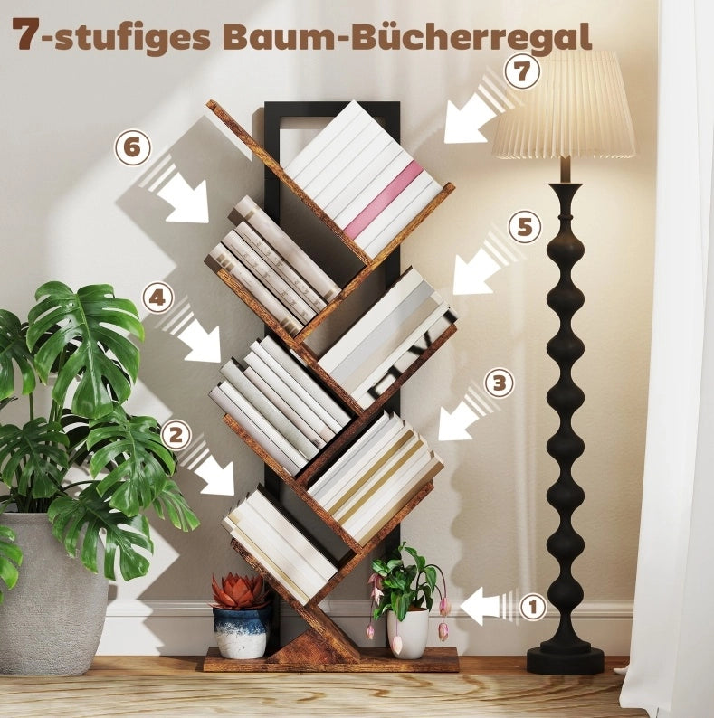 Libreria stretta a forma di albero con 7 ripiani