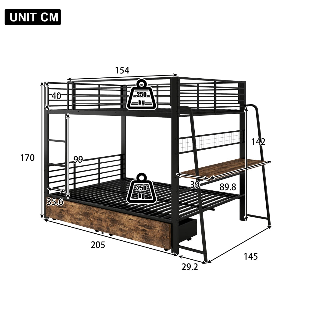 Letto a soppalco 140 × 200 cm con scrivania prese USB Type-C LED RGB e cassetti in metallo e MDF nero