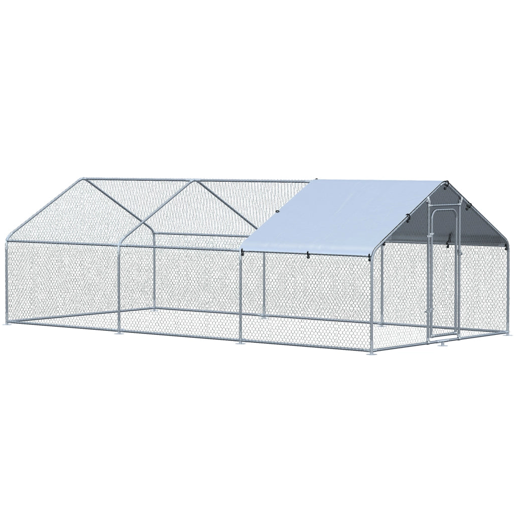 EasyComfort Pollaio per Galline da Esterno in Metallo con Copertura in Tessuto Oxford, 600x303.5x195 cm, Argento