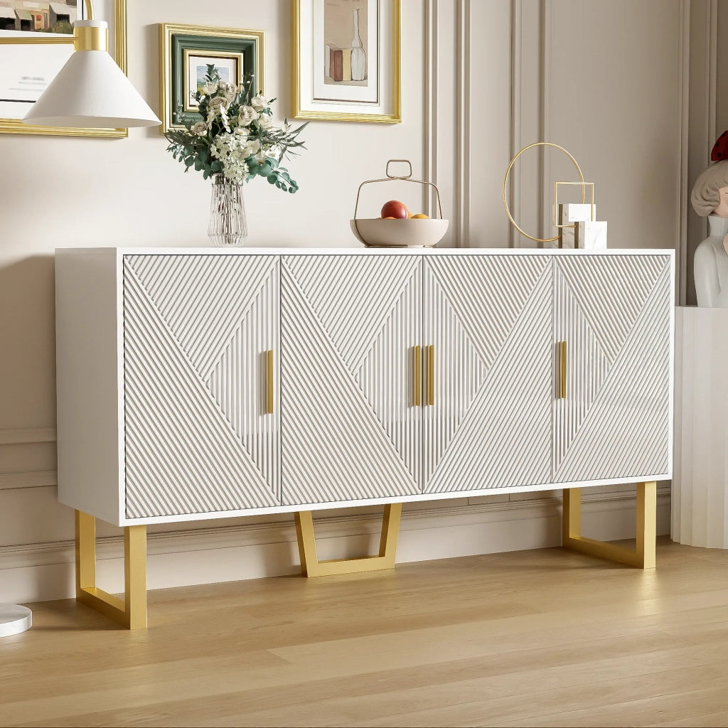 Maderna moderna bianca 150 cm, 4 ante con maniglie dorate, ante strutturate lucide, ripiani regolabili in altezza