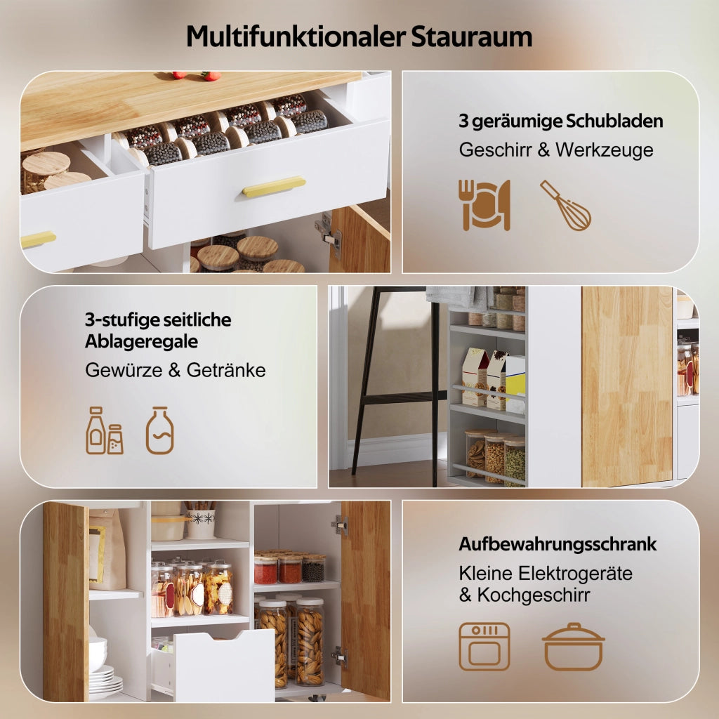 Isola da cucina mobile con piano ribaltabile; 3 cassetti e portaspezie a 3 livelli; bianco; 120x45(71)x90 cm