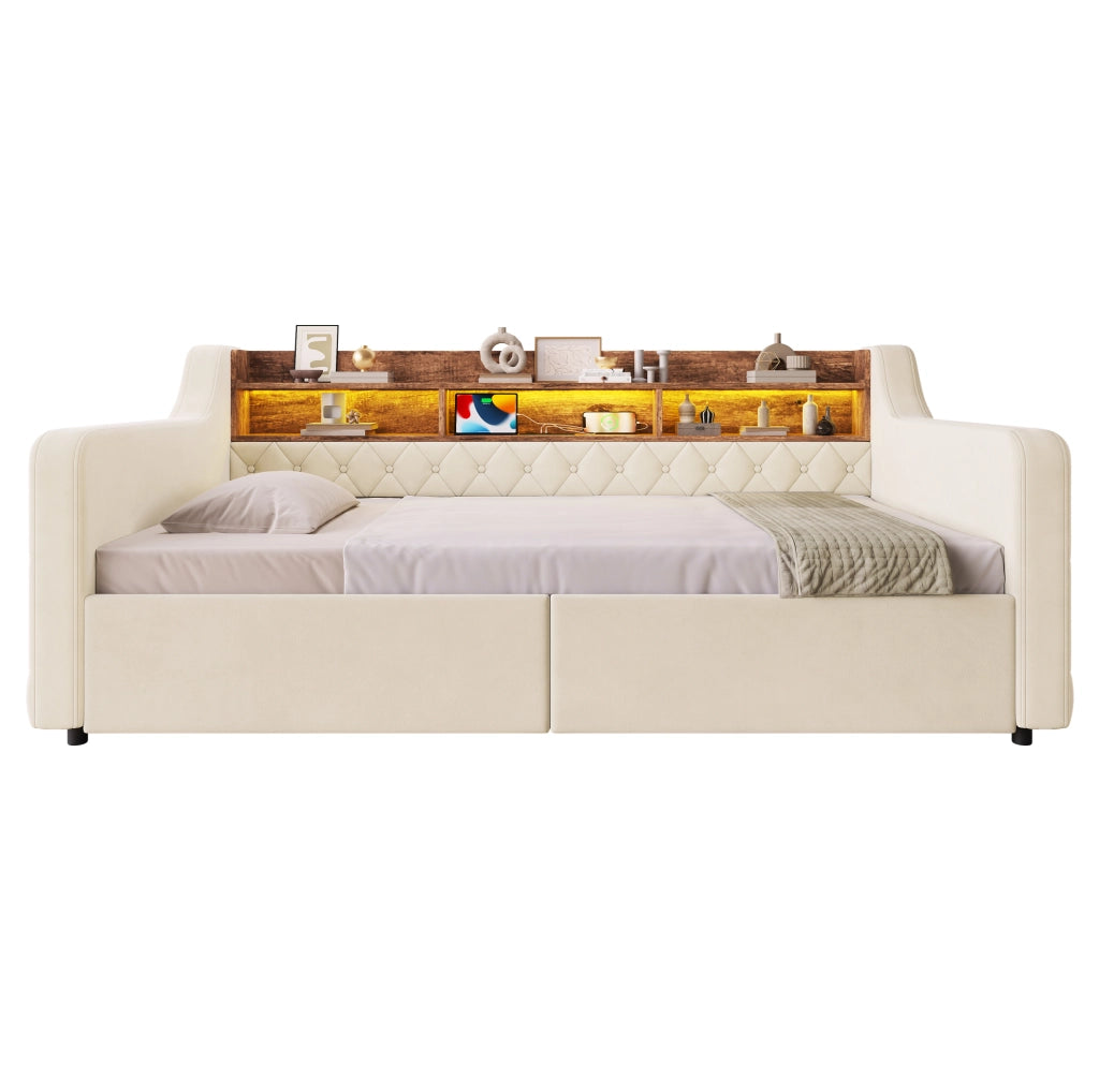 Letto imbottito beige 90 x 190 cm con LED, ripiani e 2 cassetti