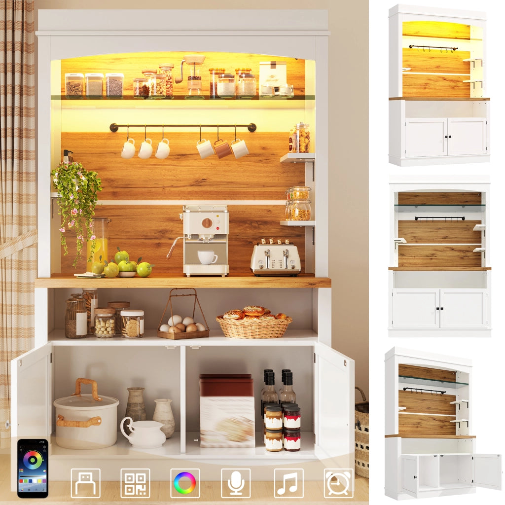 Credenze alte set di 2 con LED RGB via app; mensola in vetro e 6 ganci bianche 107 × 34 × 184 cm