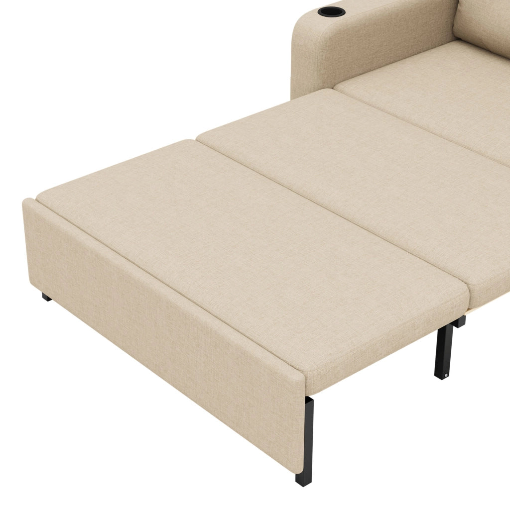 Divano Letto 3-in-1 Beige in Tessuto Effetto Lino con Porta Bicchieri e USB, 131x81x94 cm