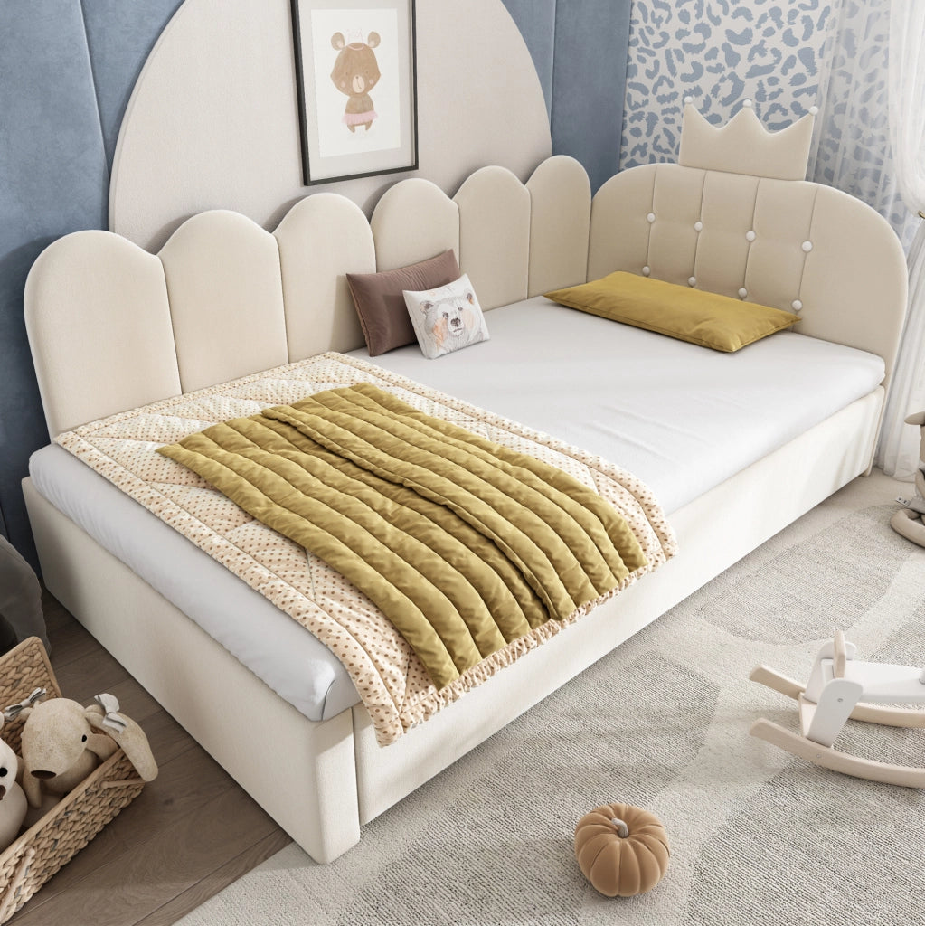 Divano Letto con Letto Estraibile L-Shape 90x200 cm in Velluto Beige per Cameretta e Ospiti
