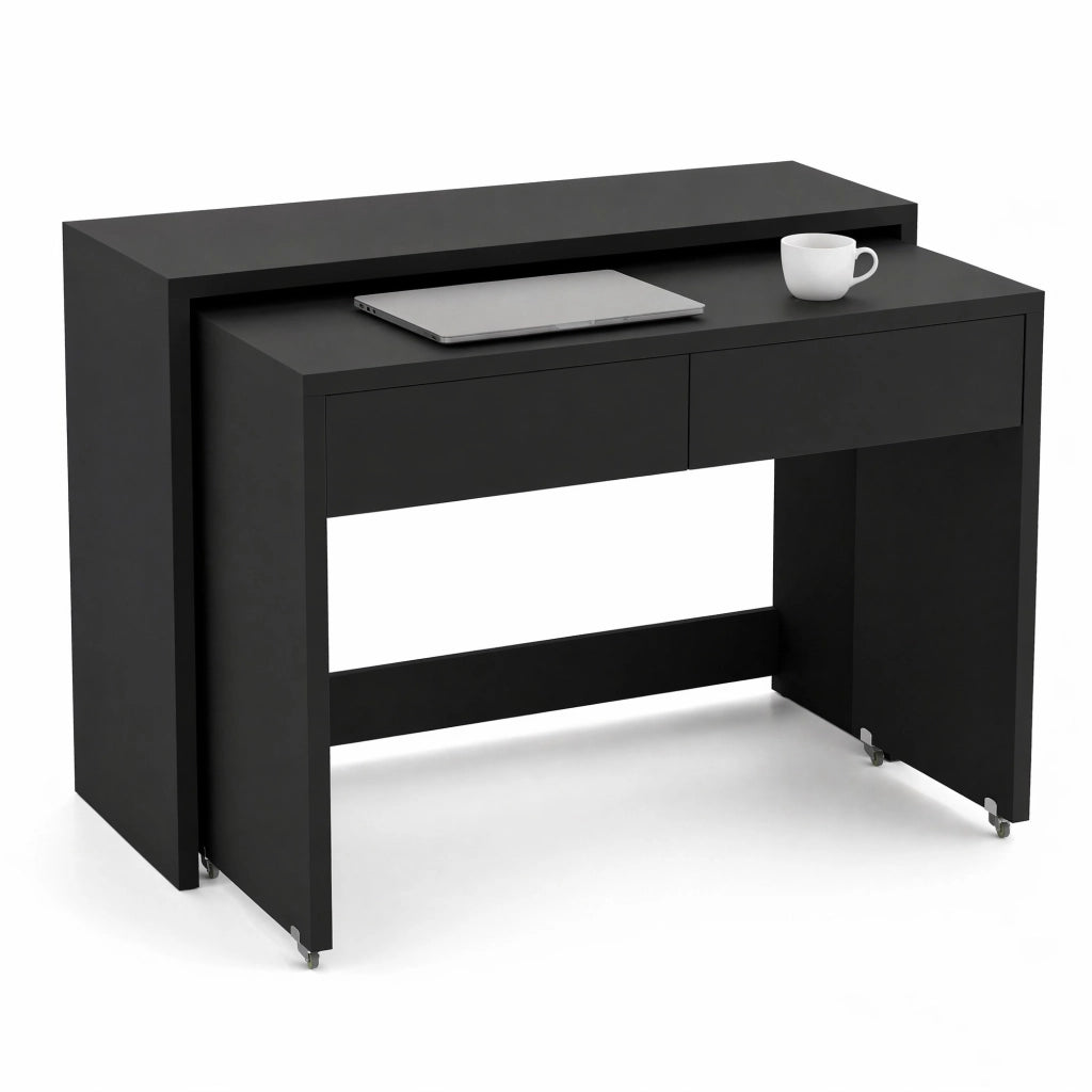 Scrivania pieghevole 2 in 1 110x40x78 cm in pannello truciolare nero con ruote e 2 cassetti