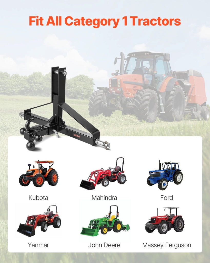 Gancio di Traino a 3 Punti S-04, Adattatore Attacco Rapido da 50,8 mm per Trattori, Acciaio al Carbonio Robusto, 660x165x450 mm, Nero