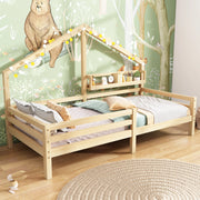 Letto a casetta 90 × 200 cm con libreria posteriore in legno di pino naturale e barriera anticaduta con 15 doghe